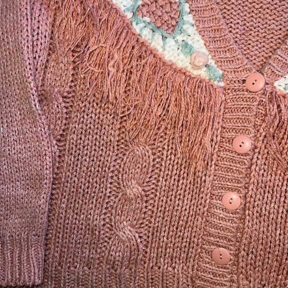 Vintage 80s/90s Maggie Lawrence Pink Knit Western Fringe Cardigan Sweater Sz L - Picture 4 of 5